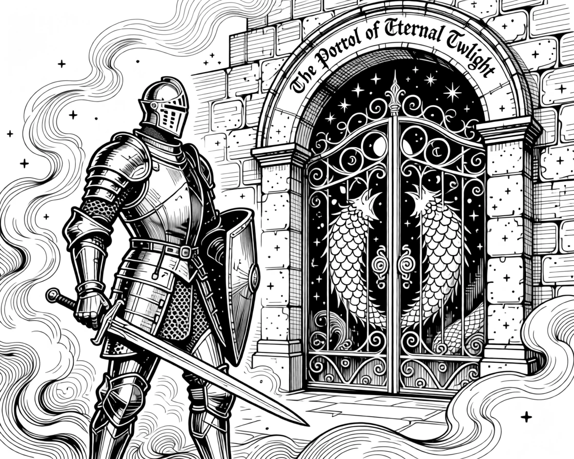 A knight standing before an enchanted gate surrounded by swirling mist and starlight, with delicate scales catching the moonlight, forming a mysterious and enchanting fantasy scene.