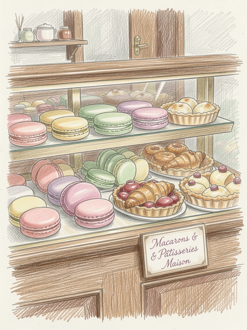 A Parisian bakery display of macarons and delicate pastries, with rich, inviting textures throughout the scene, evoking warmth, beauty, and a lasting sense of wonder.