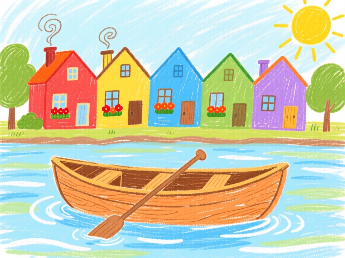 A wooden canoe drifting past a row of colorful houses.