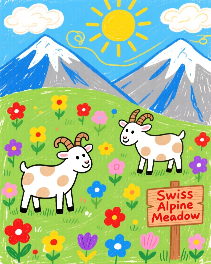 A Swiss alpine meadow dotted with wildflowers and grazing goats.
