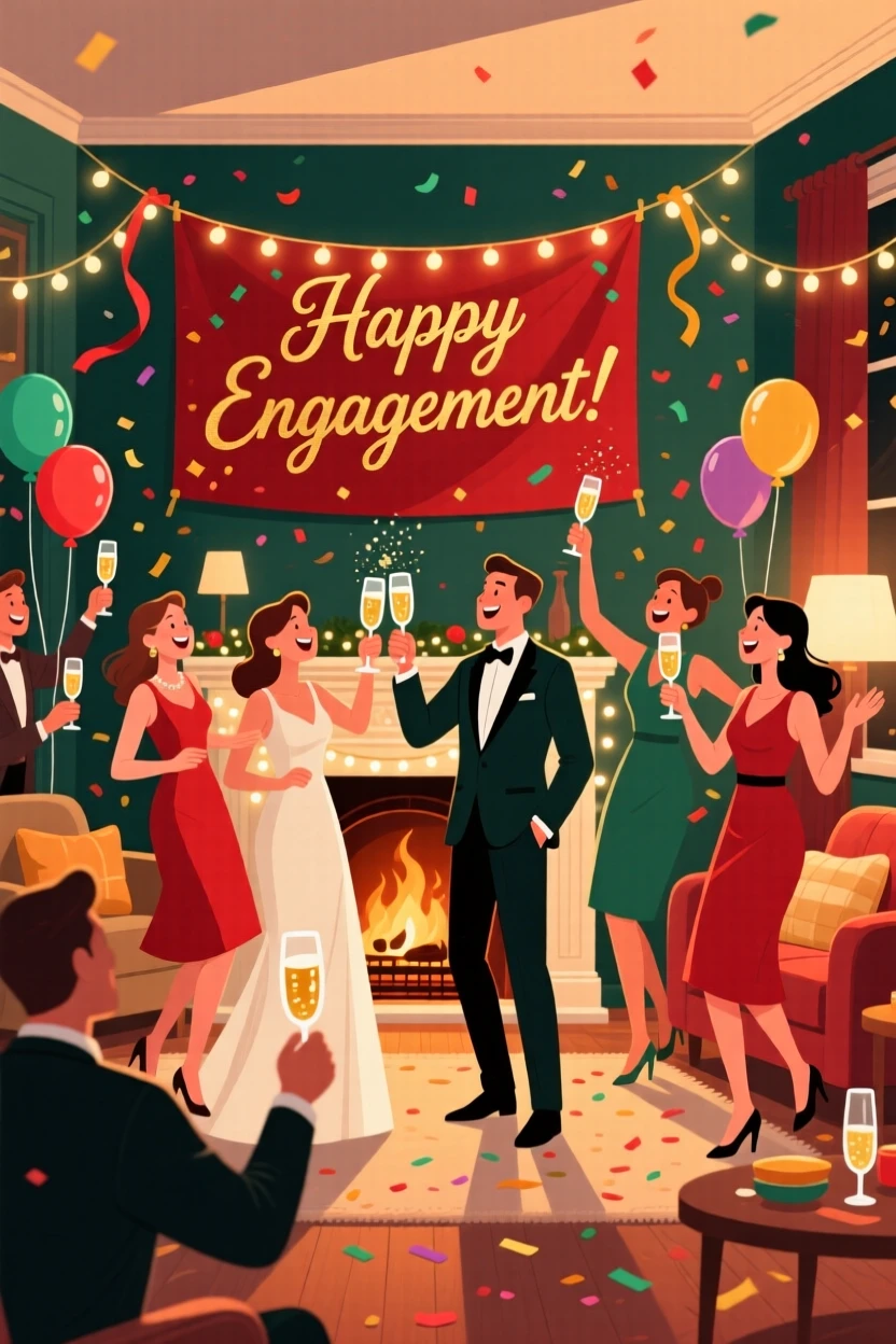 A festive engagement party with sparkling toasts, set within a cozy home filled with festive cheer, arranged with joyful energy and dynamic movement, with a joyful sense of togetherness and celebration.