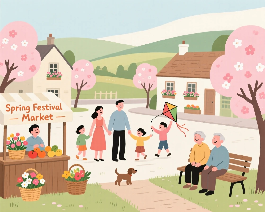 A spring scene of families gathering in a small countryside town.