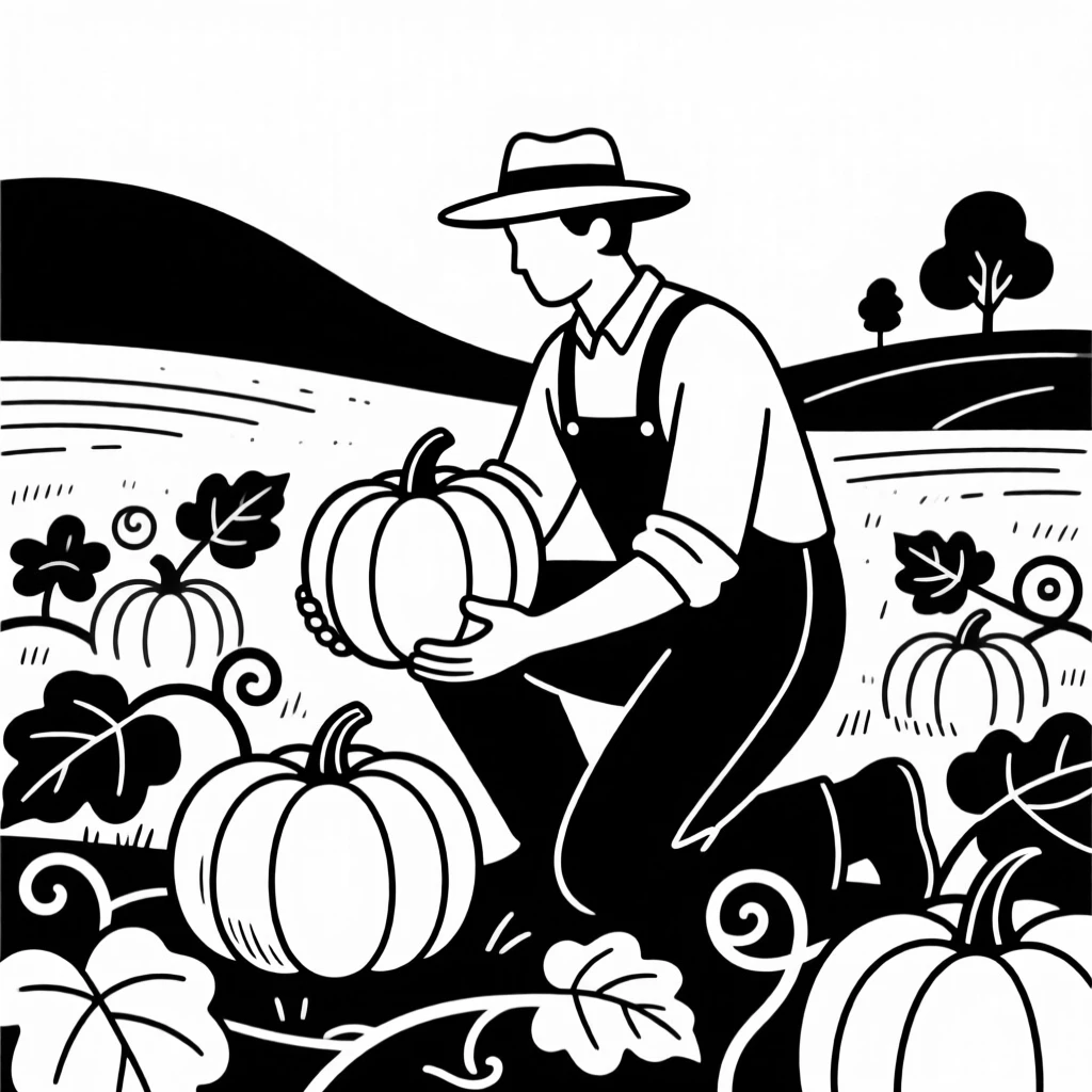 A farmer harvesting pumpkins in an autumn field.
