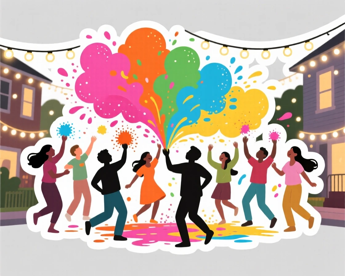 A warmly nostalgic colorful powder celebration for Holi festival, surrounded by twinkling fairy lights, as the whole neighborhood celebrates together.