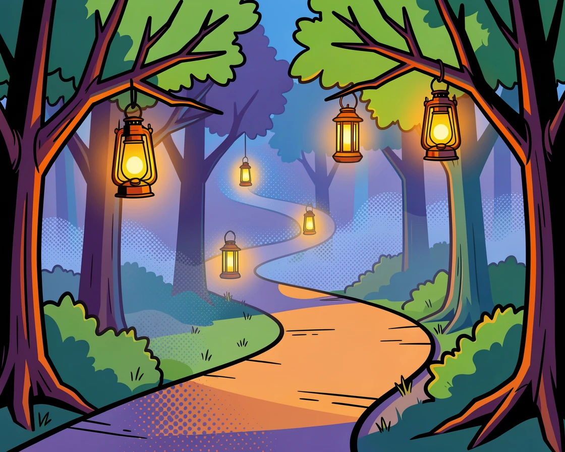A lantern-lit path winding through a mist-covered forest
