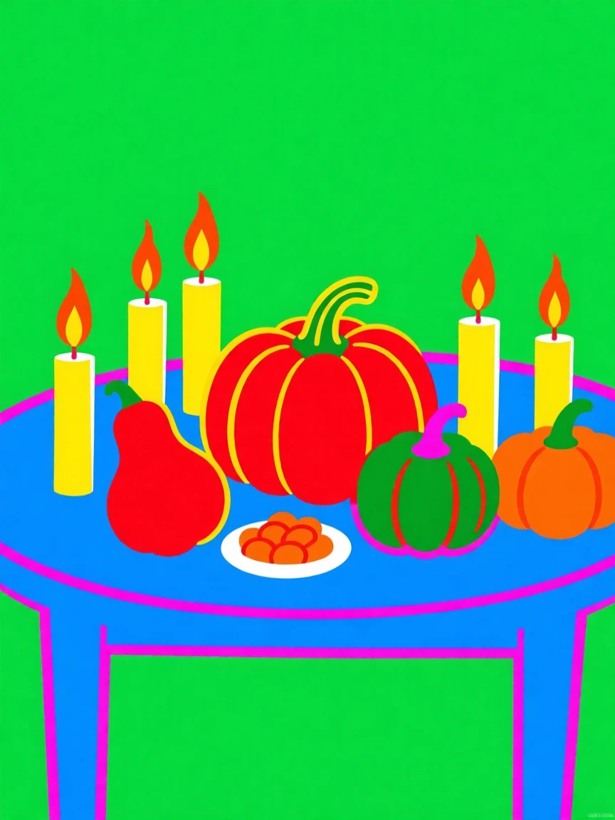 Thanksgiving harvest table with candles and gourds
