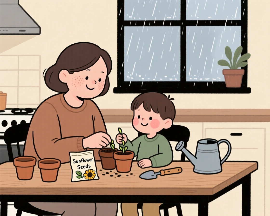 A aunt teaches a eager grandchild how to plant seeds in small pots at the kitchen table while rain taps gently against the window, both focused and smiling.