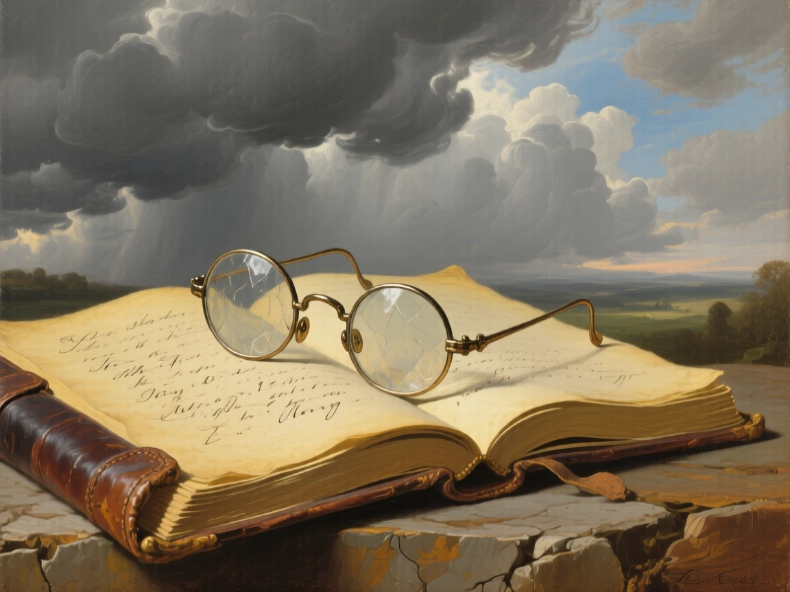 A close-up view of a pair of spectacles resting atop an open journal, beneath heavy grey storm clouds, in the 18th century.