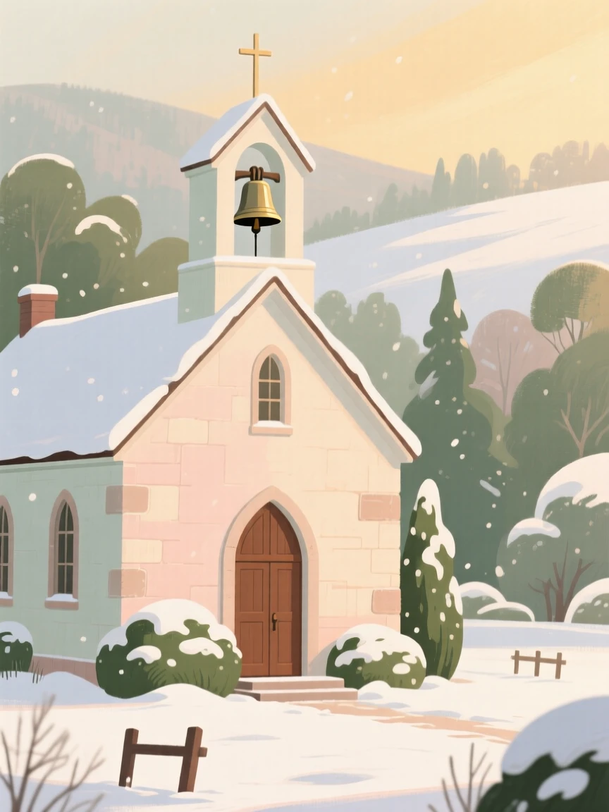 A quiet chapel bell ringing above a snow-covered churchyard