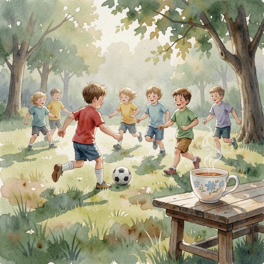 A group of kids playing soccer in a park with a warm cup of tea nearby.