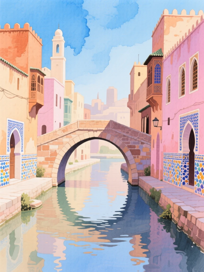 A picturesque view of a colorful Moroccan medina with a stone bridge arching over a canal, beneath a clear blue sky