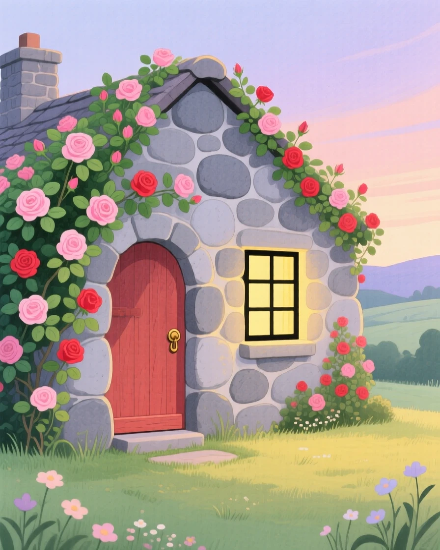 A stone cottage covered in climbing roses, glowing softly as evening falls.