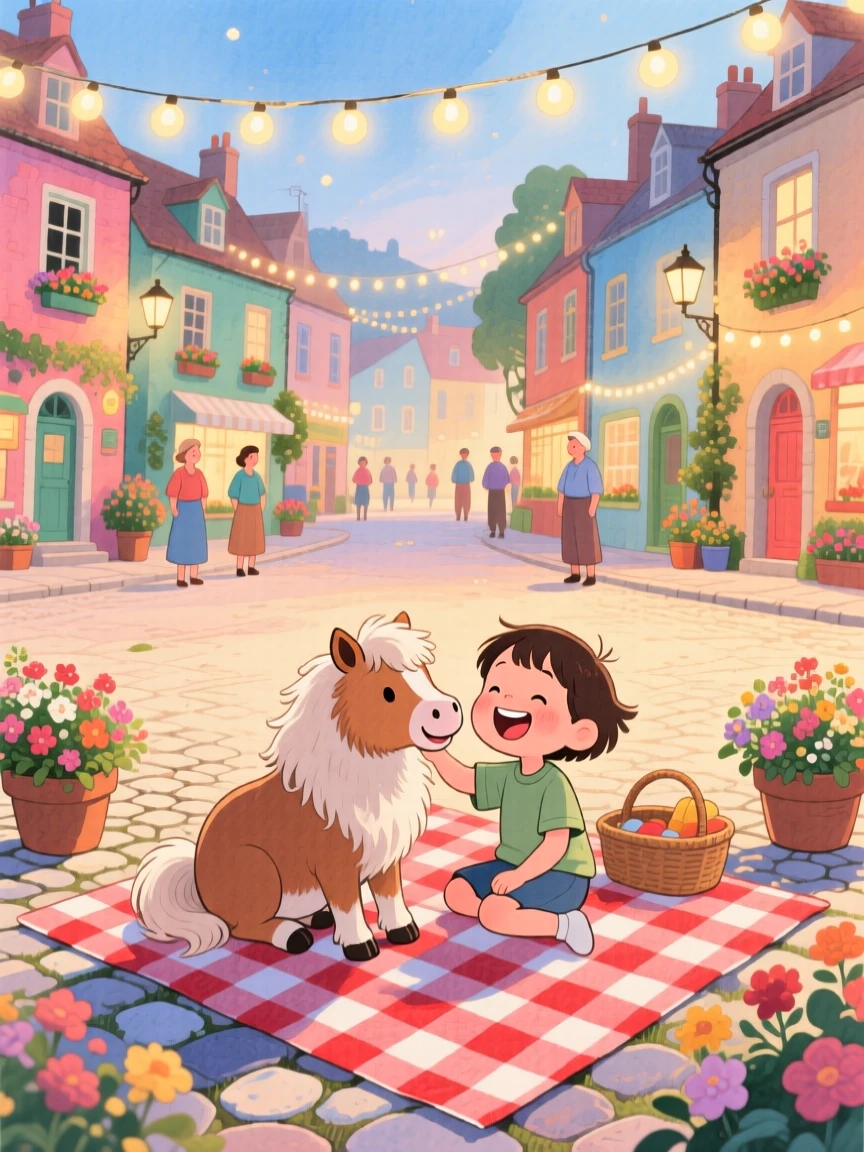 A shetland pony sharing a picnic blanket with a child, set in a village square decorated with fairy lights, radiating pure innocent joy.