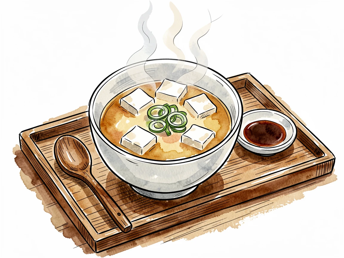 A steaming bowl of miso soup with tofu and scallions on a wooden tray, rustic tableware adding warmth and character to the setting.