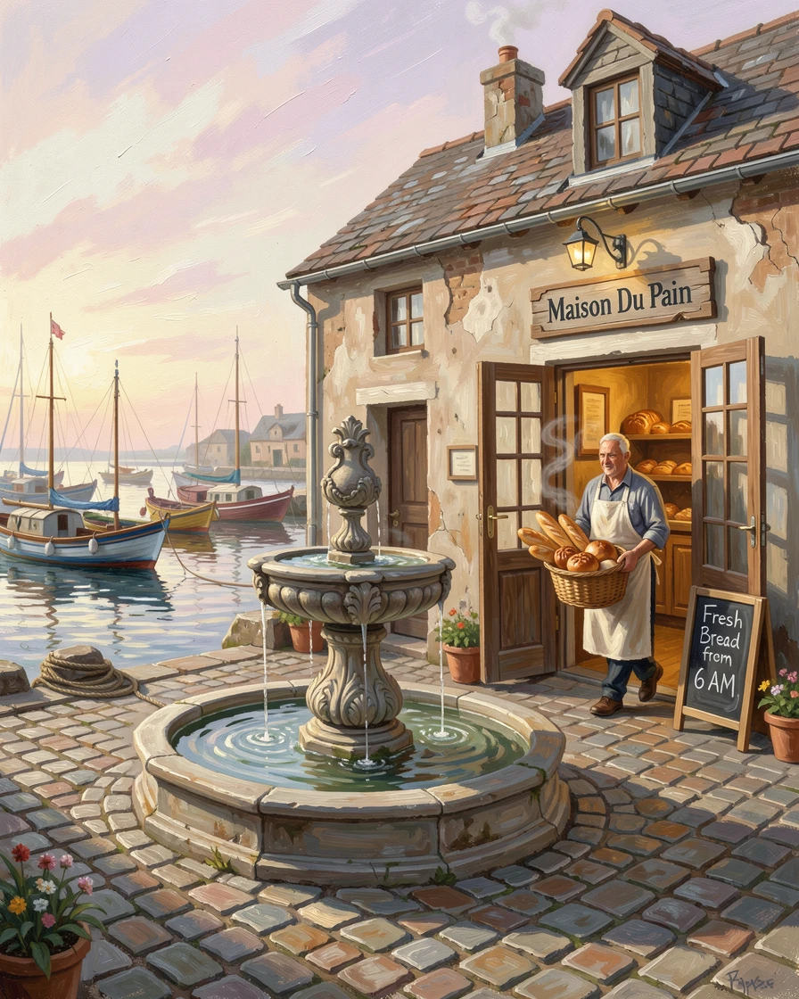 In early morning, shopkeepers just opening their doors, a cobblestone village square with a central fountain, beside a small harbor filled with fishing boats, a baker carrying fresh bread from an open doorway.