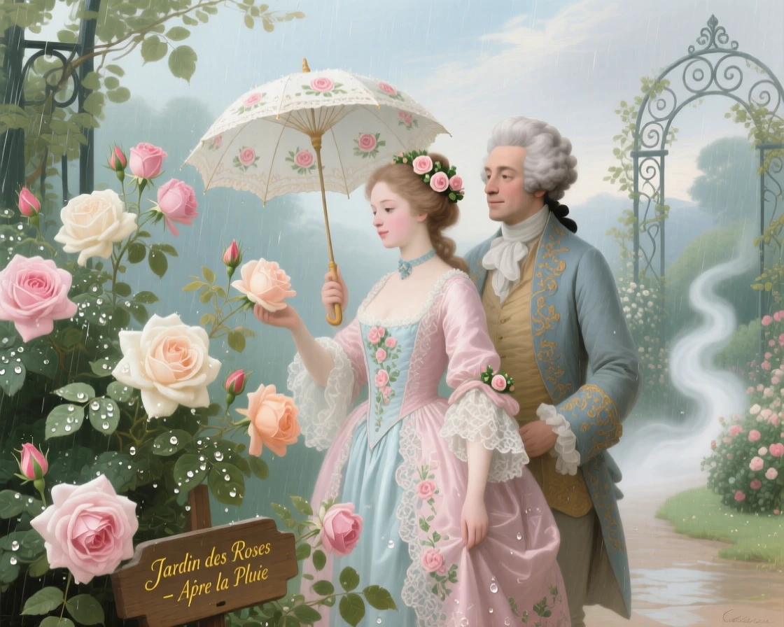 A rose garden after a gentle rain, with droplets on every bloom  