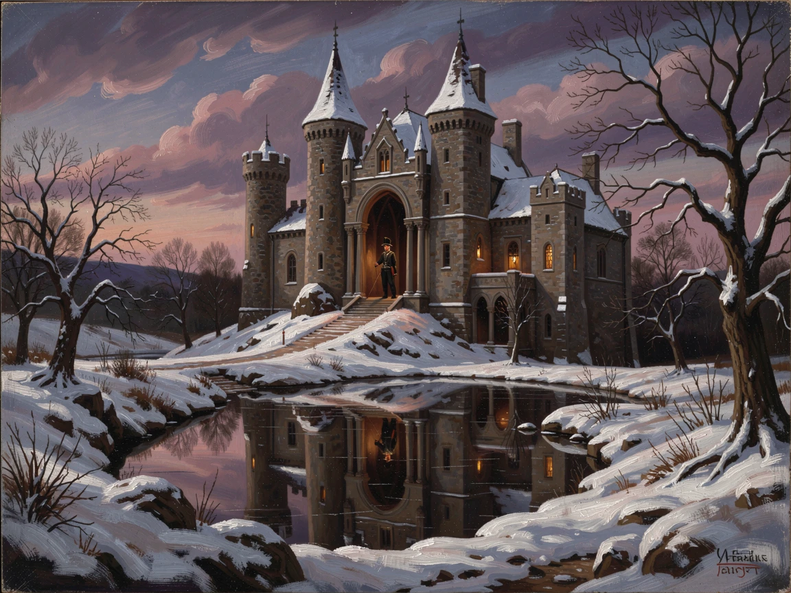 A sentry sings within the halls of a castle reflected in a still moat while snow blankets the towers.