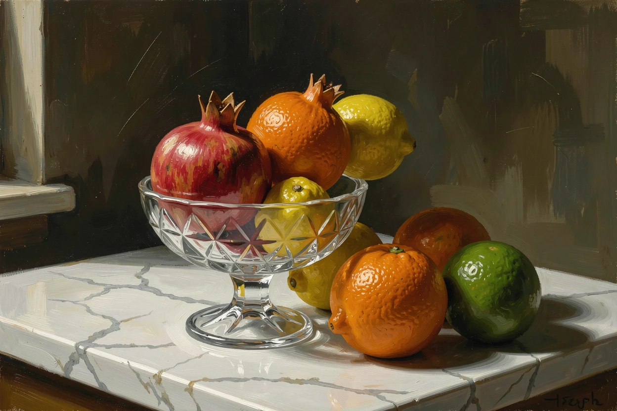 A crystal bowl of pomegranates and citrus arranged on a marble counter, as reflections shimmer subtly across polished surfaces, capturing timeless beauty through carefully chosen objects