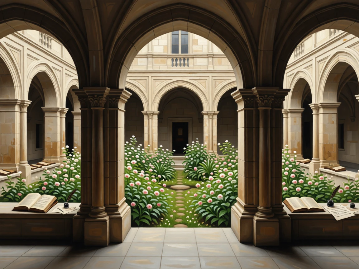 A monastery cloister with weathered stone arches and a central garden holding the quiet grandeur of a bygone era, set within a palace built for generations of nobility, with fresh flowers, open books, and half-finished correspondence scattered about; a central vanishing point draws the viewer deep into the grand space, evoking timeless grandeur and quiet reverence.