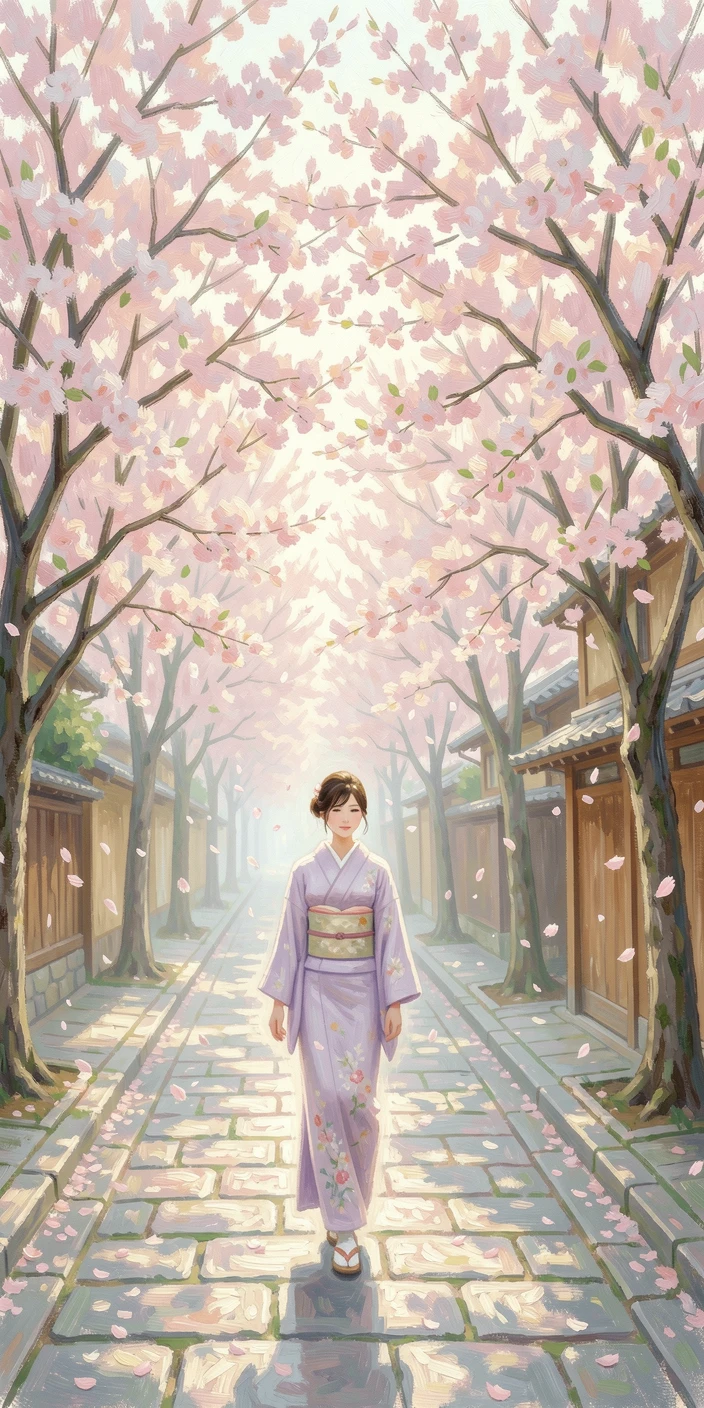 A quiet Kyoto street lined with cherry blossoms, a woman in a kimono walking beneath falling petals, in the gentle hush of early morning, capturing a moment of quiet intimacy.