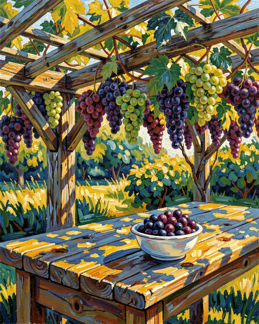 A trellised grape arbor heavy with fruit, dappled light falling across a garden table.