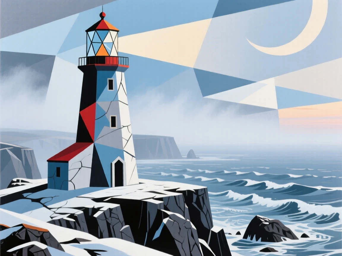 A wide shot of a coastal lighthouse point during a soft misty dawn, in deep winter.