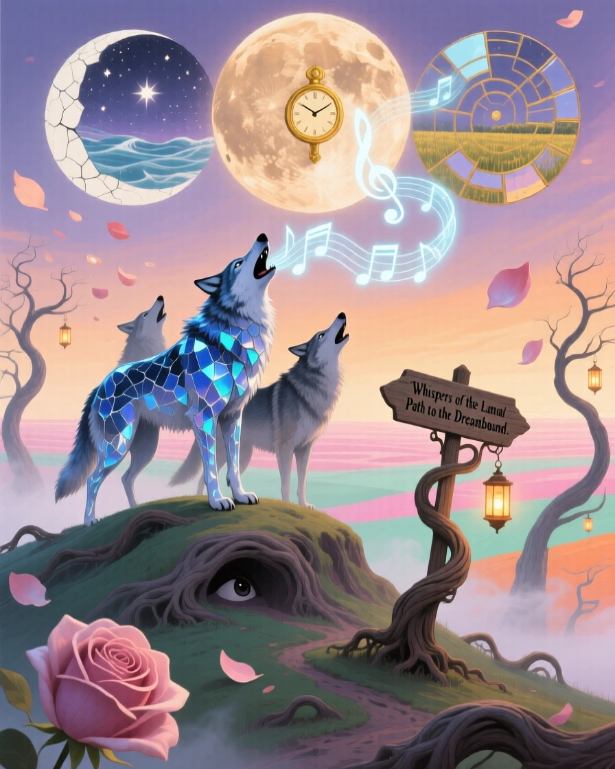 A wolf pack howling atop a hill beneath three overlapping moons travels slowly across a horizon streaked with soft color, while soft petals drift down from an unseen sky above.