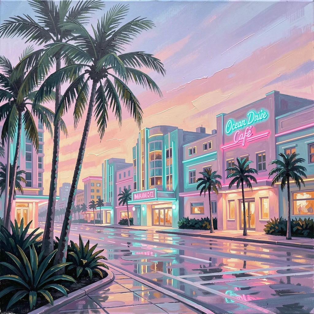 The Miami skyline glows in vibrant neon pastels at dusk, palm trees silhouetted against art deco buildings along Ocean Drive, as a light breeze stirs the surrounding vegetation and carries the scent of damp earth.