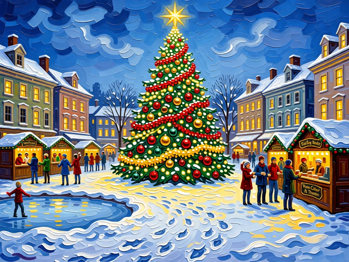 A grand Christmas tree glowing with lights in the center of a snow-covered town square