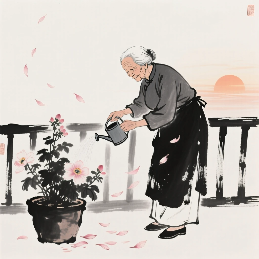 An elderly woman waters potted flowers on her balcony at sunrise, with petals drifting gently down around them.