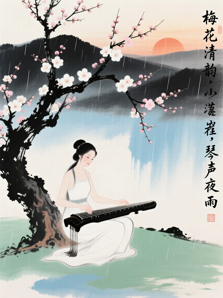 A woman playing a guqin beneath a blossoming plum tree, in the quiet hour before sunrise, in a gentle drizzle.