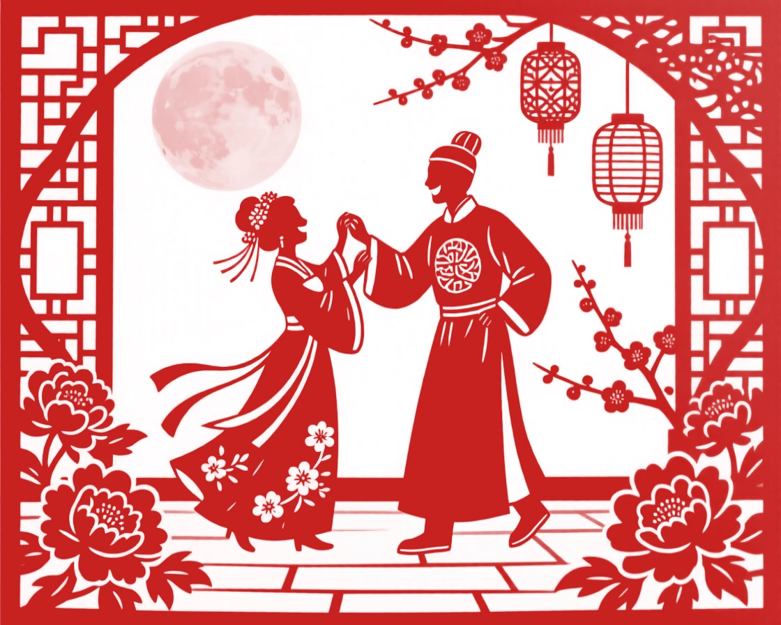 A groom teaching his new bride a dance step in a moonlit courtyard, both laughing at a misstep
