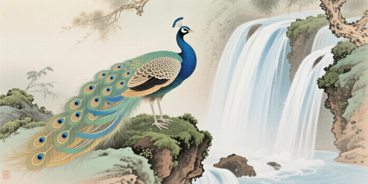 A peacock with its tail fanned open perched atop a moss-covered rock near a waterfall, soft morning light filtering through the branches