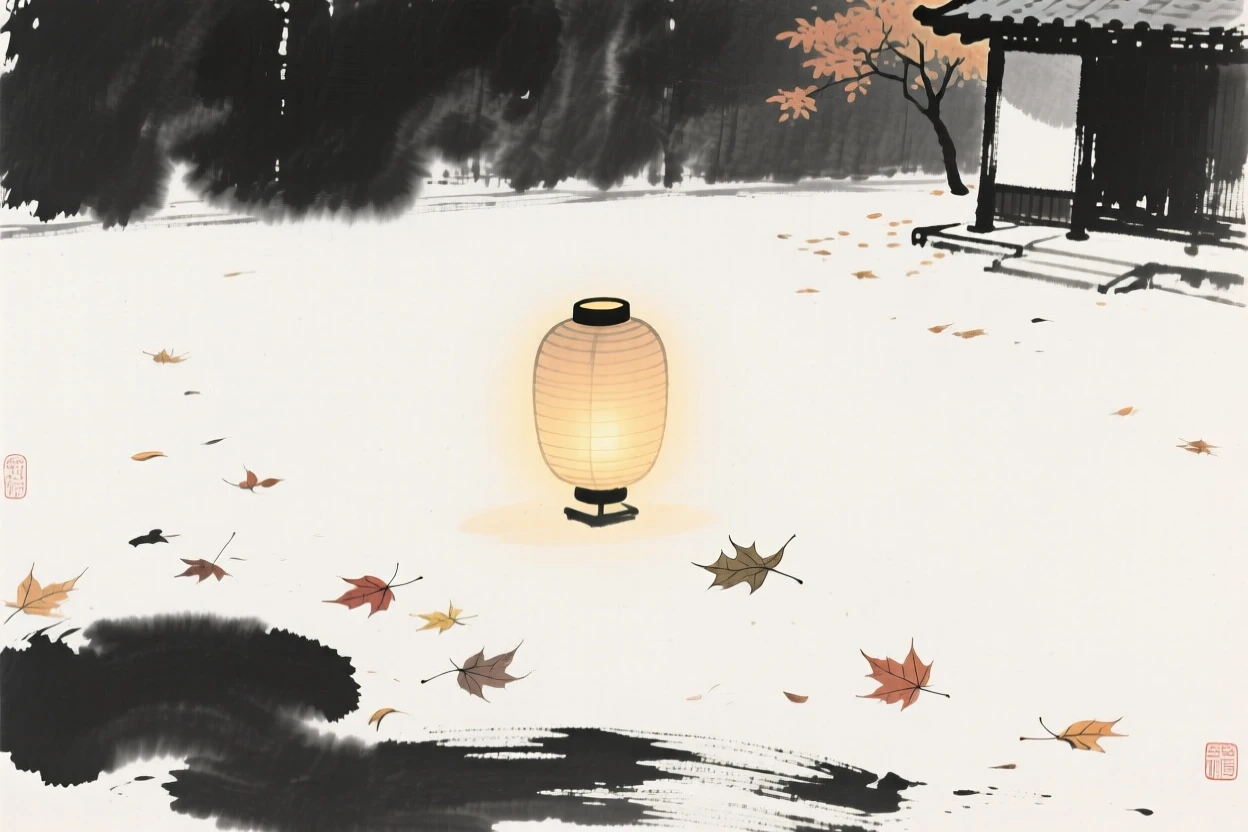 A single lantern glowing in an empty courtyard beneath drifting autumn leaves, balanced with a single small detail against a quiet backdrop, conveying a poetic sense of calm and reflection.