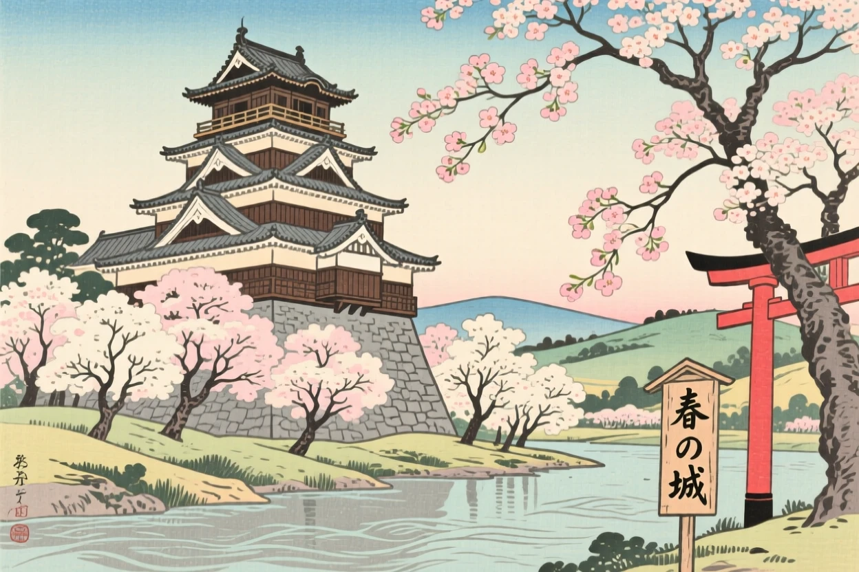 A castle tower rising above blossoming cherry trees.