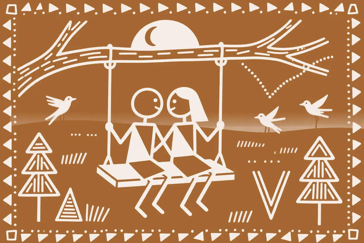 A couple dancing together sitting together on a swing at dusk.