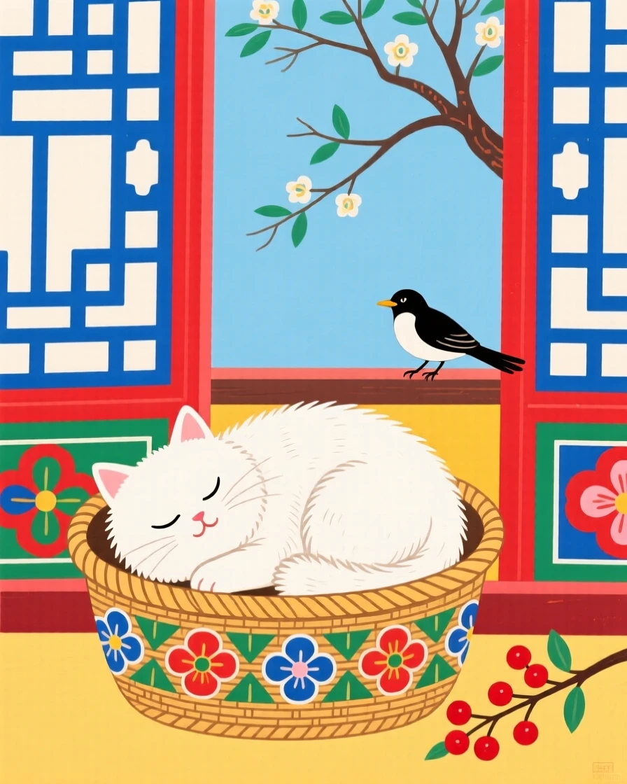 A fluffy white cat sleeping in a basket beside a window.