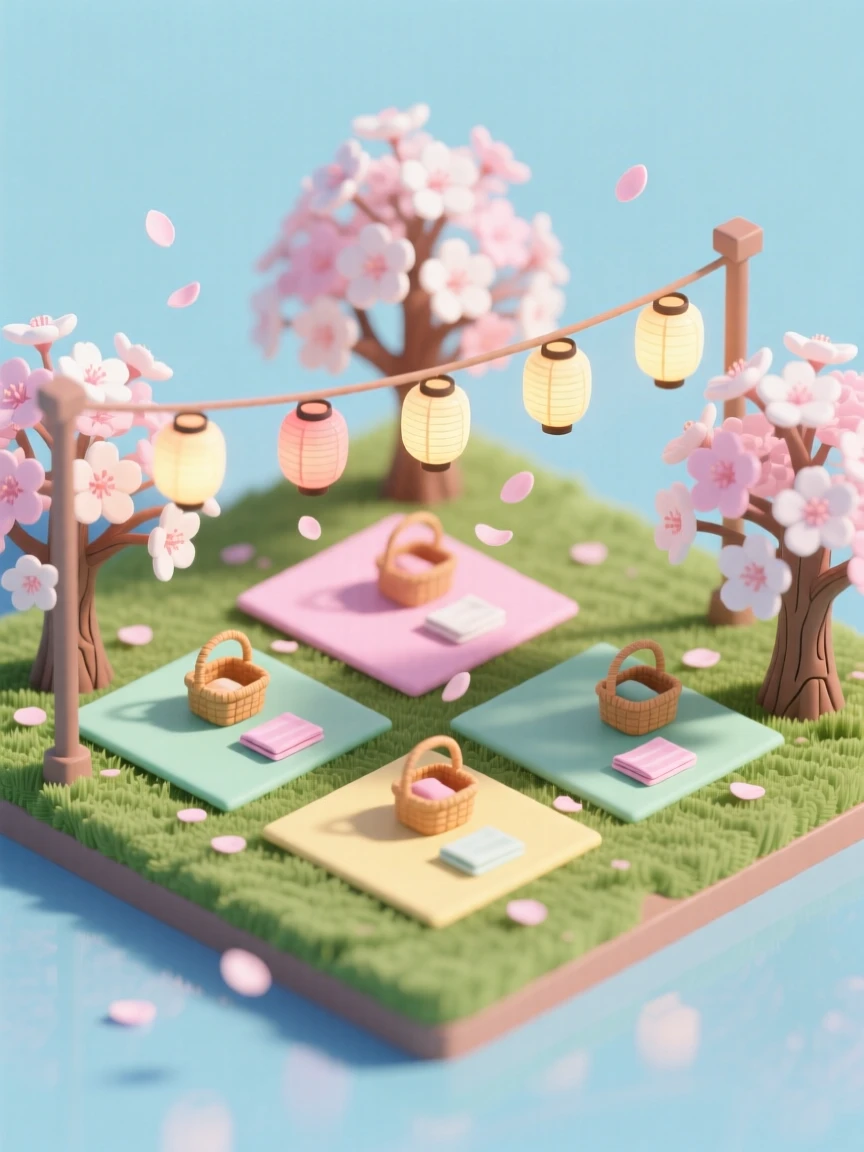 A spring cherry blossom festival with picnic blankets spread beneath blooming trees, lanterns strung overhead as petals drift down.