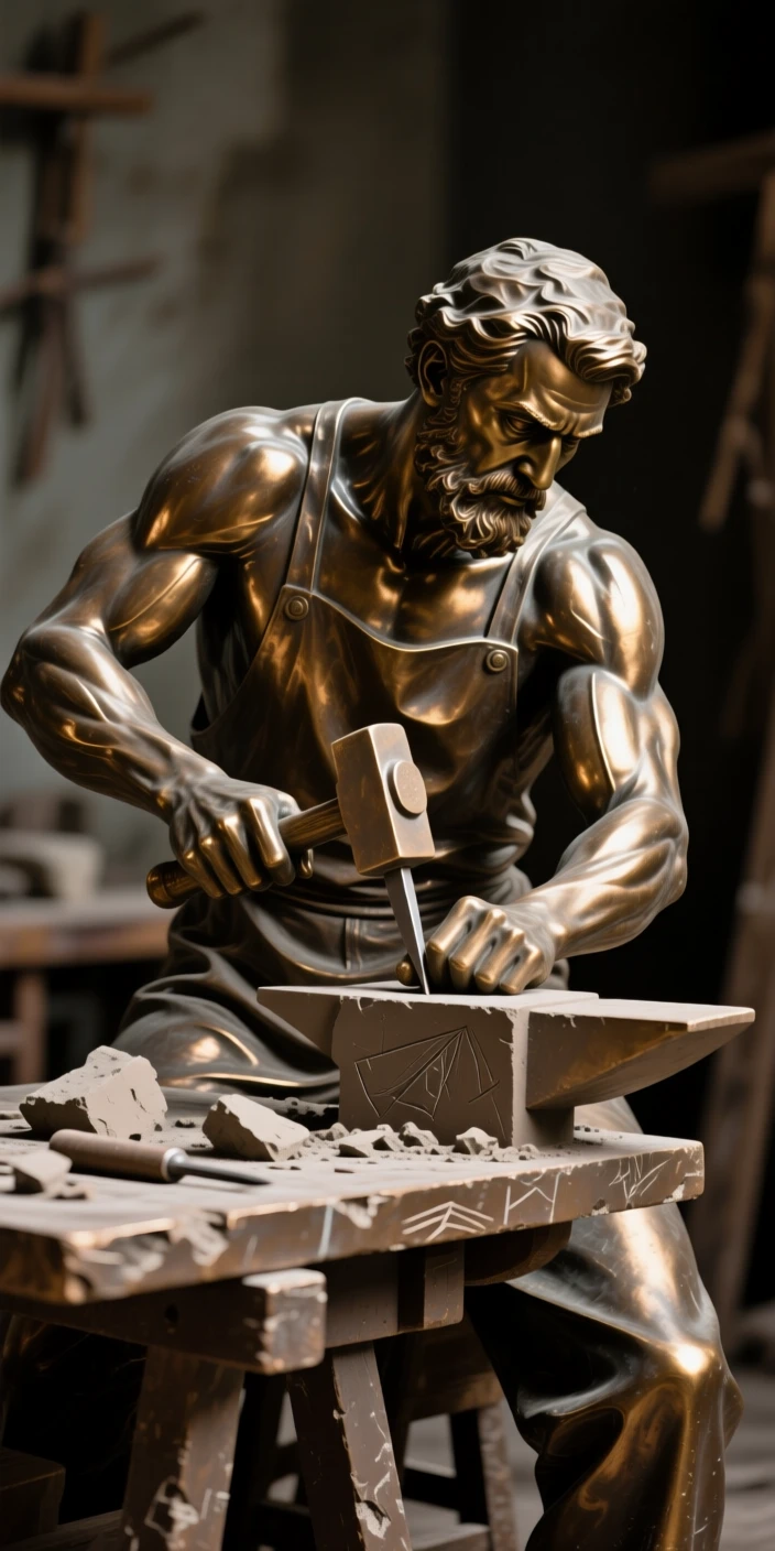 A sculptor chiseling a masterpiece, with an expression of quiet determination, forming a strong central focal point