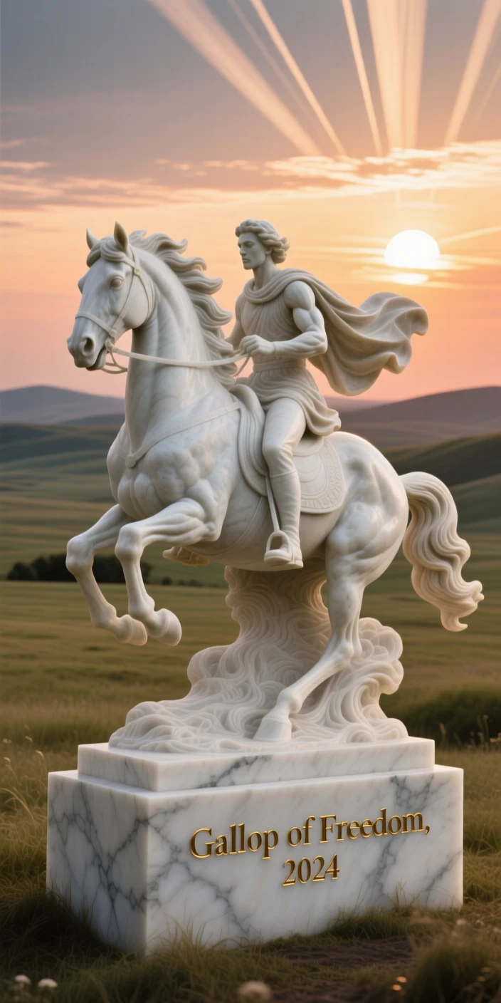 A beautifully composed image of a rider galloping across an open plain at sunset, captured with cinematic depth and detail, full of atmosphere and visual storytelling