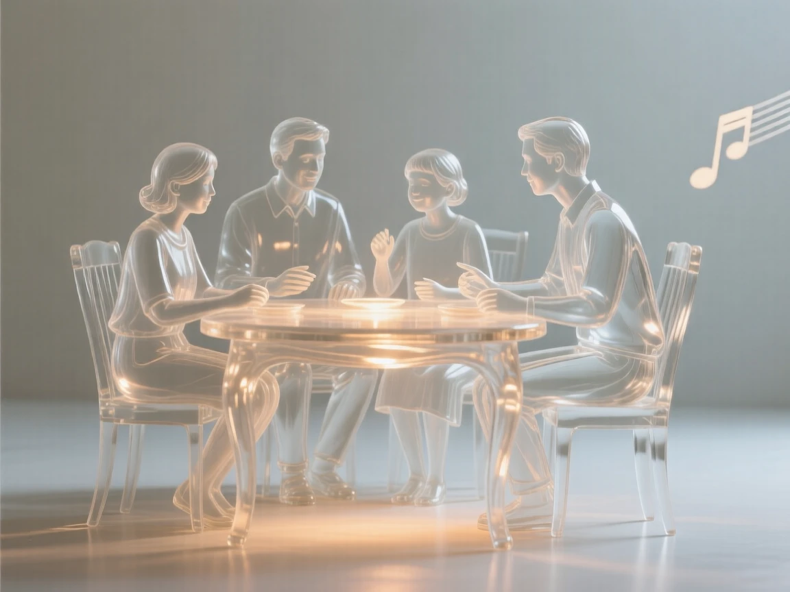 With distant music drifting faintly through the air, a family gathered together around a warmly lit table