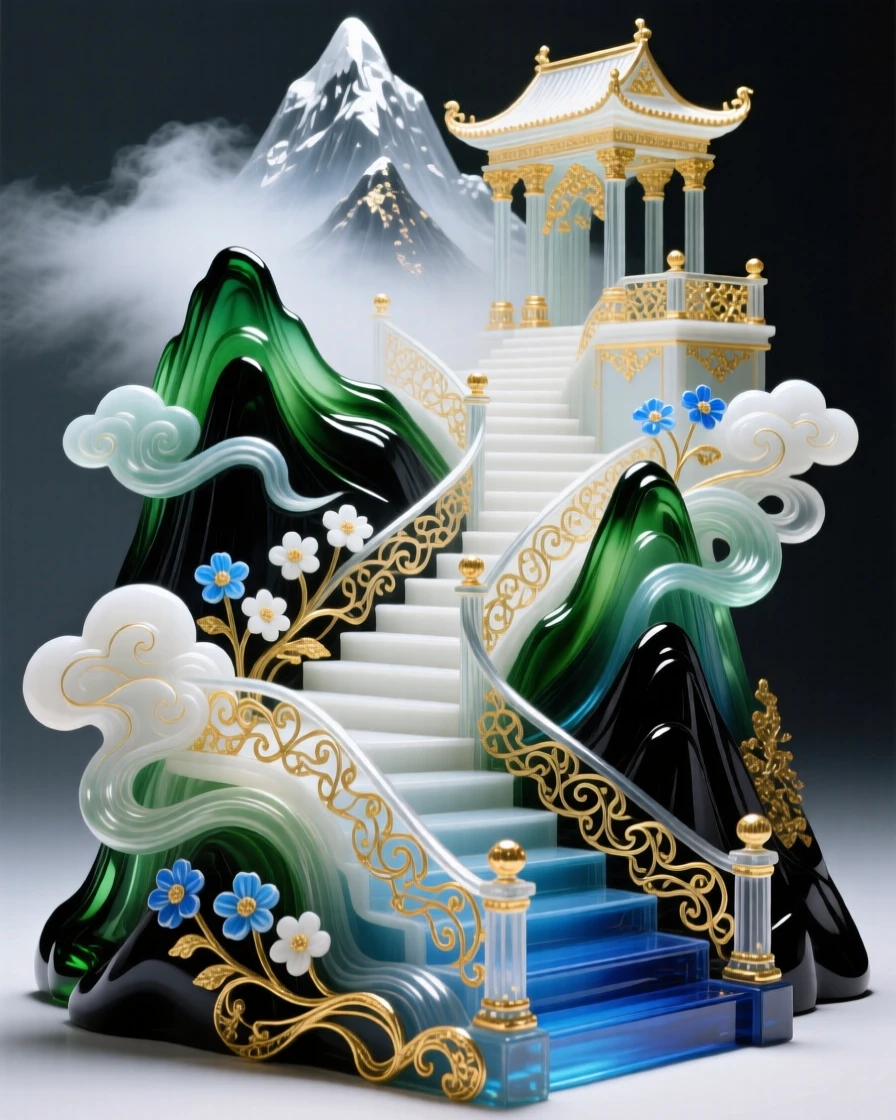 A grand temple staircase ascending into misty mountain clouds, mystical and awe-inspiring.