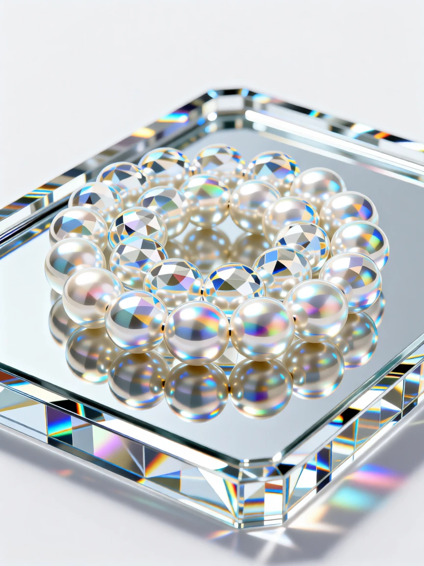 An elegant strand of pearls coiled on a mirrored vanity tray.