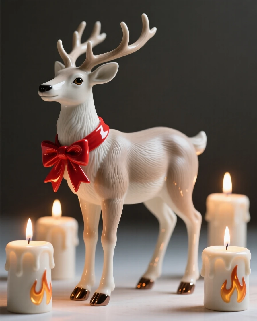 A reindeer with a bright red ribbon around its neck displayed as a heartwarming holiday accent, surrounded by warm candlelight, stirring cozy nostalgia for cherished traditions.