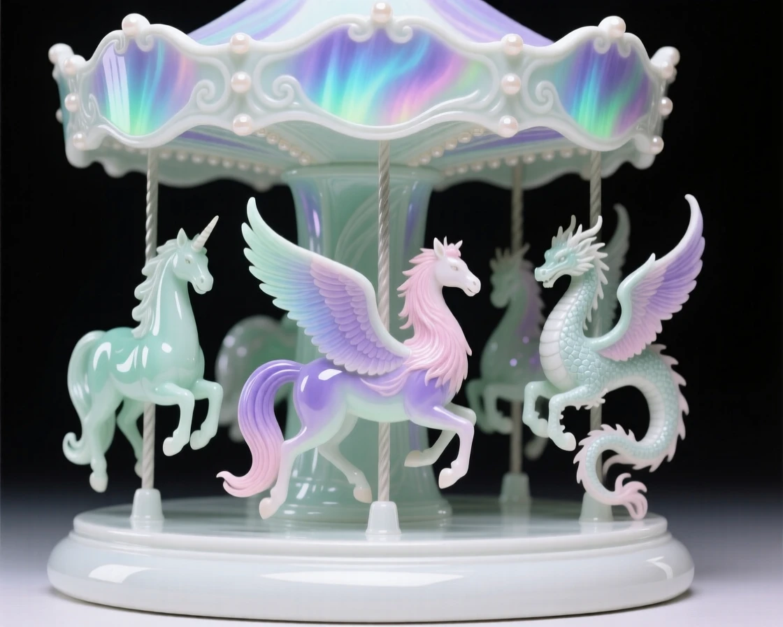 A magical carousel of glowing mythical animals, colors shifting like an aurora overhead.