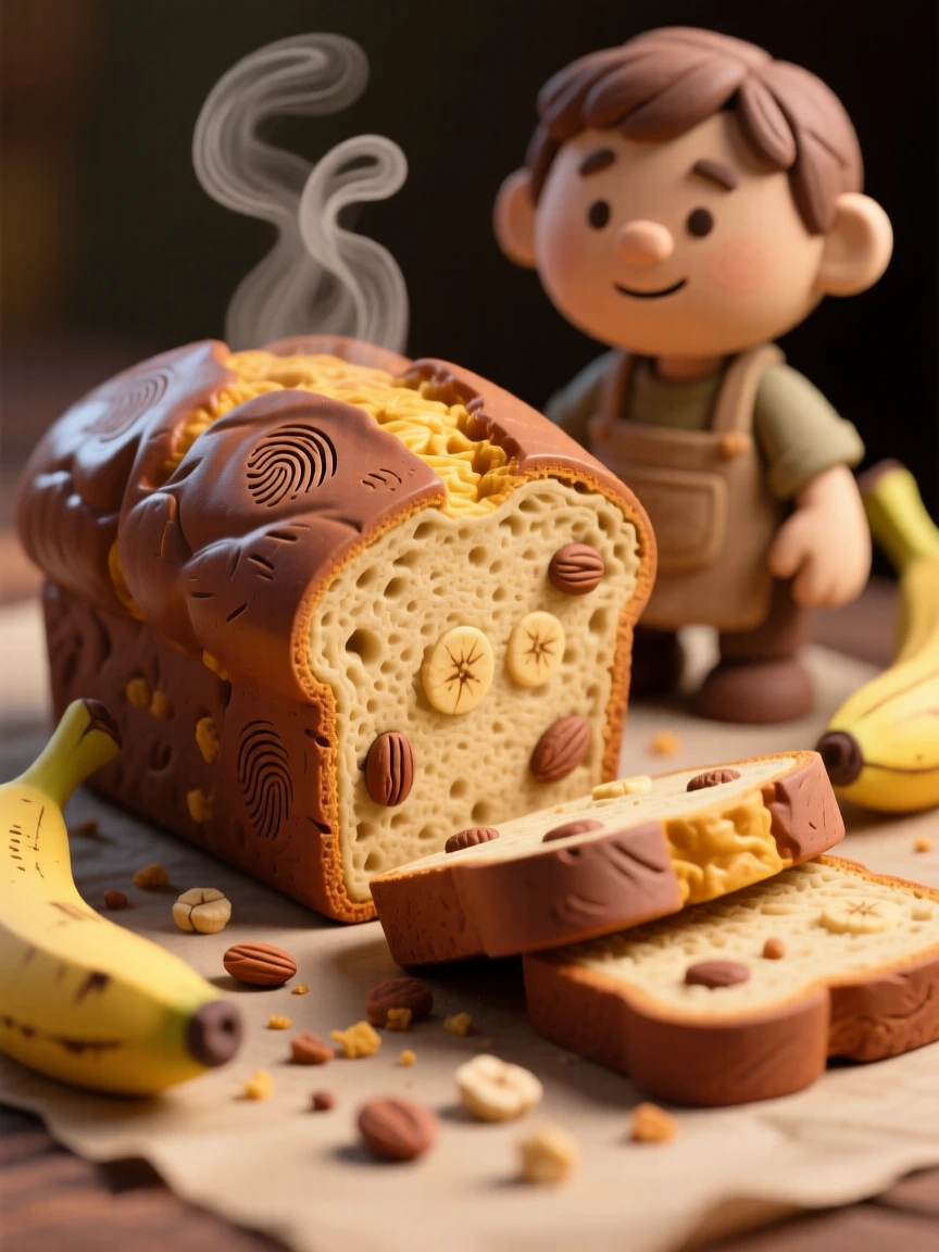 A rustic loaf of banana bread sliced and still warm
