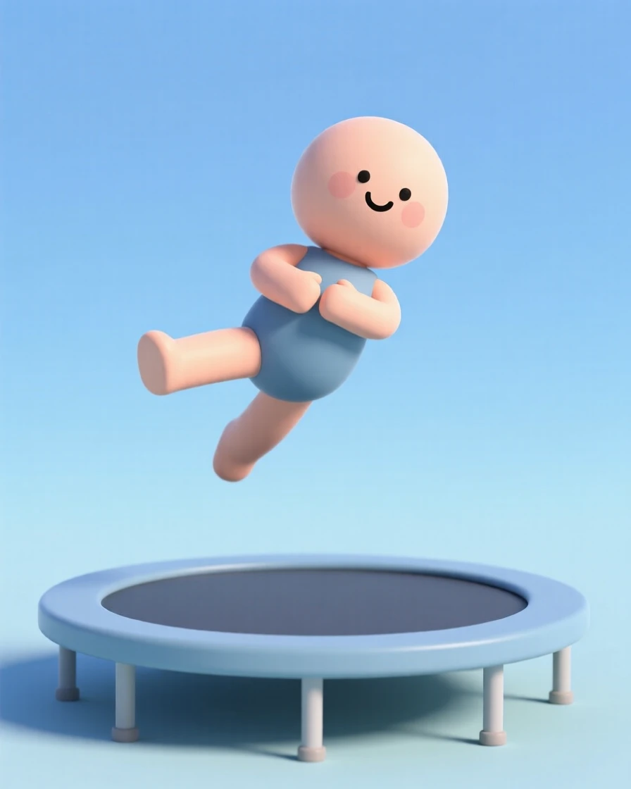A joyful trampoline gymnast flips through the air, arms tucked tight mid-somersault against a clear sky.