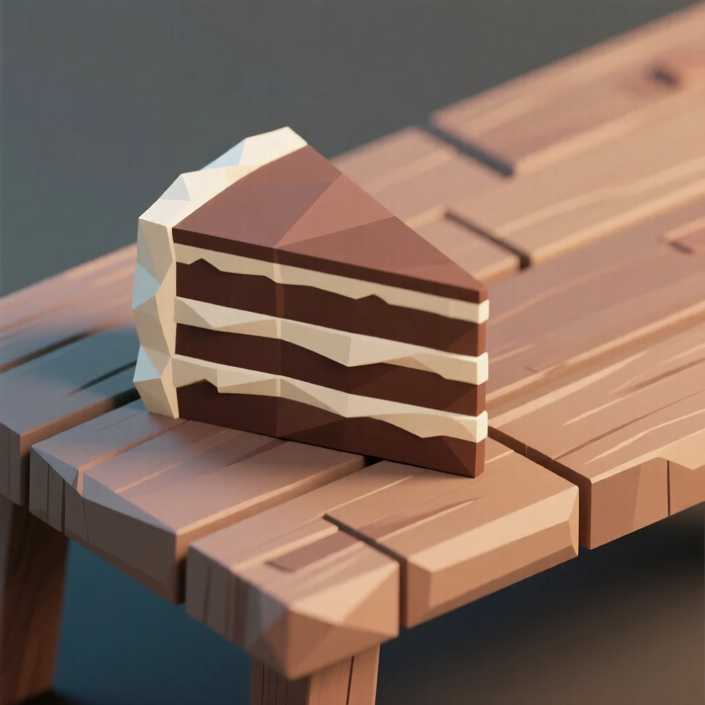A slice of rich chocolate layer cake, on a rustic wooden table. a shallow depth of field keeps focus on the food. The mood is fresh and appetizing.