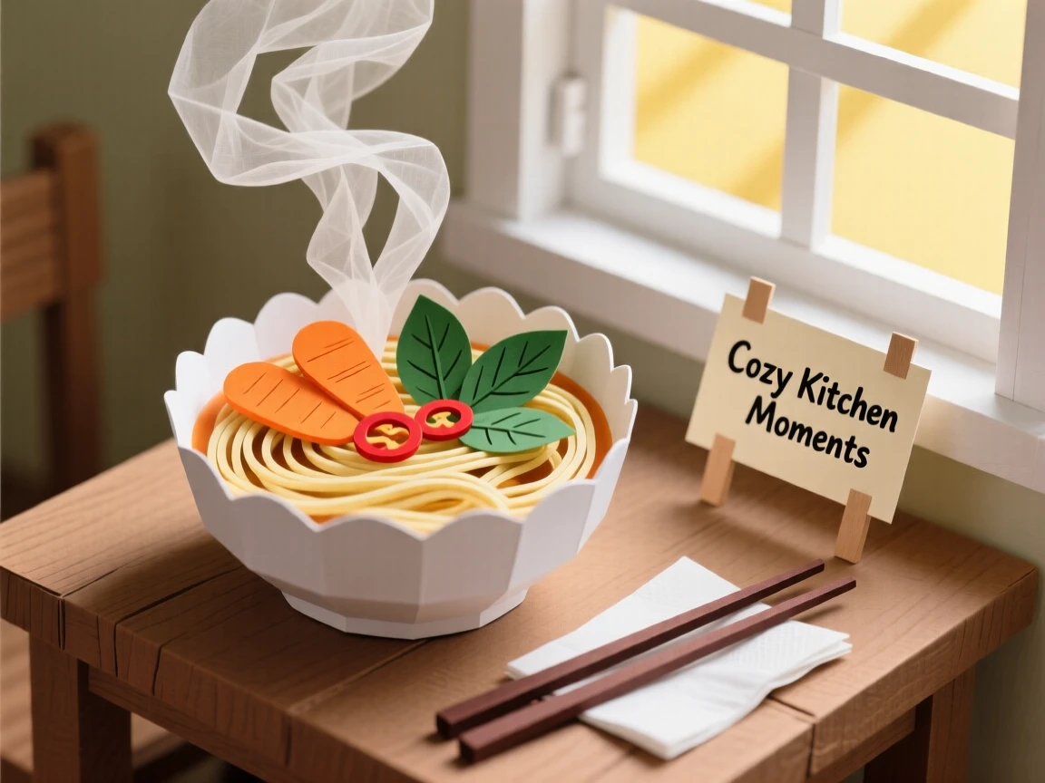 A steaming bowl of noodle soup arranged beside a sunlit window, with vibrant garnishes adding a pop of color, evoking comfort and rich flavor.