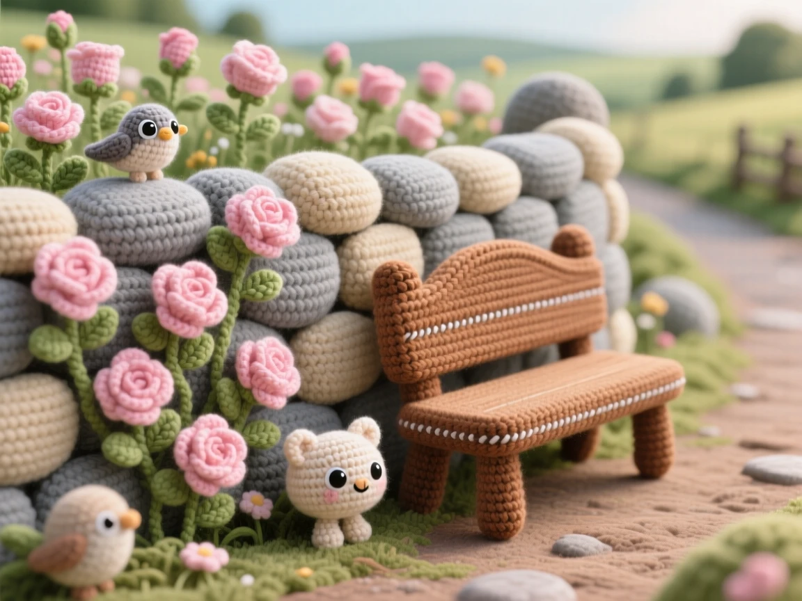 a field of wild roses climbing a stone wall, blooming in soft shades of pink, framed by a quiet countryside lane at the edge of a quiet, untouched wilderness; a single wooden bench resting nearby completes the scene, full of calm, restorative stillness.